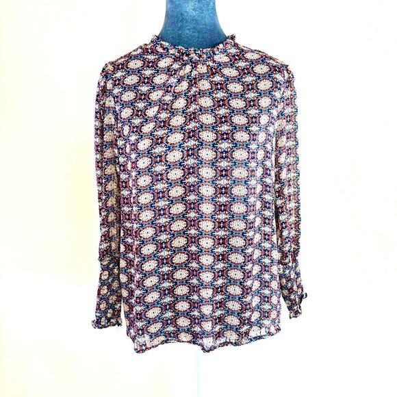 Maison D’Amelie Tops - Maison d'Amelie High Collar‎ Long Sleeve Blouse - Royal/Orange/White - Size S